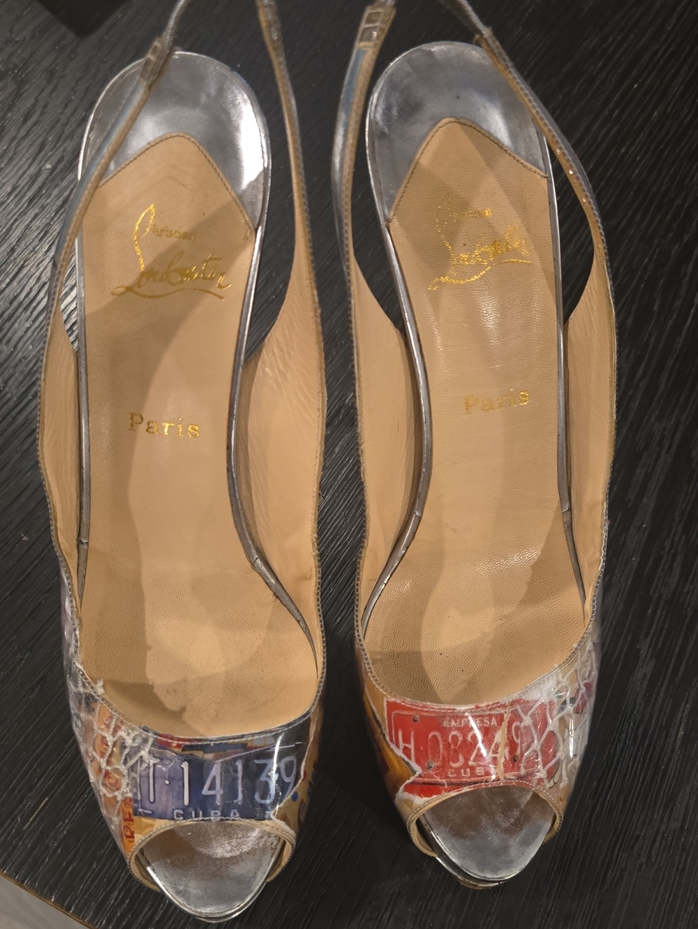 Christian Louboutin Women's Beige and Silver Slingback Peep-Toe Heels